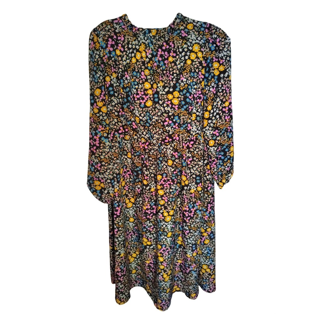 Floral Long Sleeve Midi Dress Black‎ Yellow Blue Ditsy Print High Neck xl
